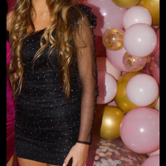 Zara Glitter Organza One Sleeve Mini Dress Black Size Small - Picture 3 of 10